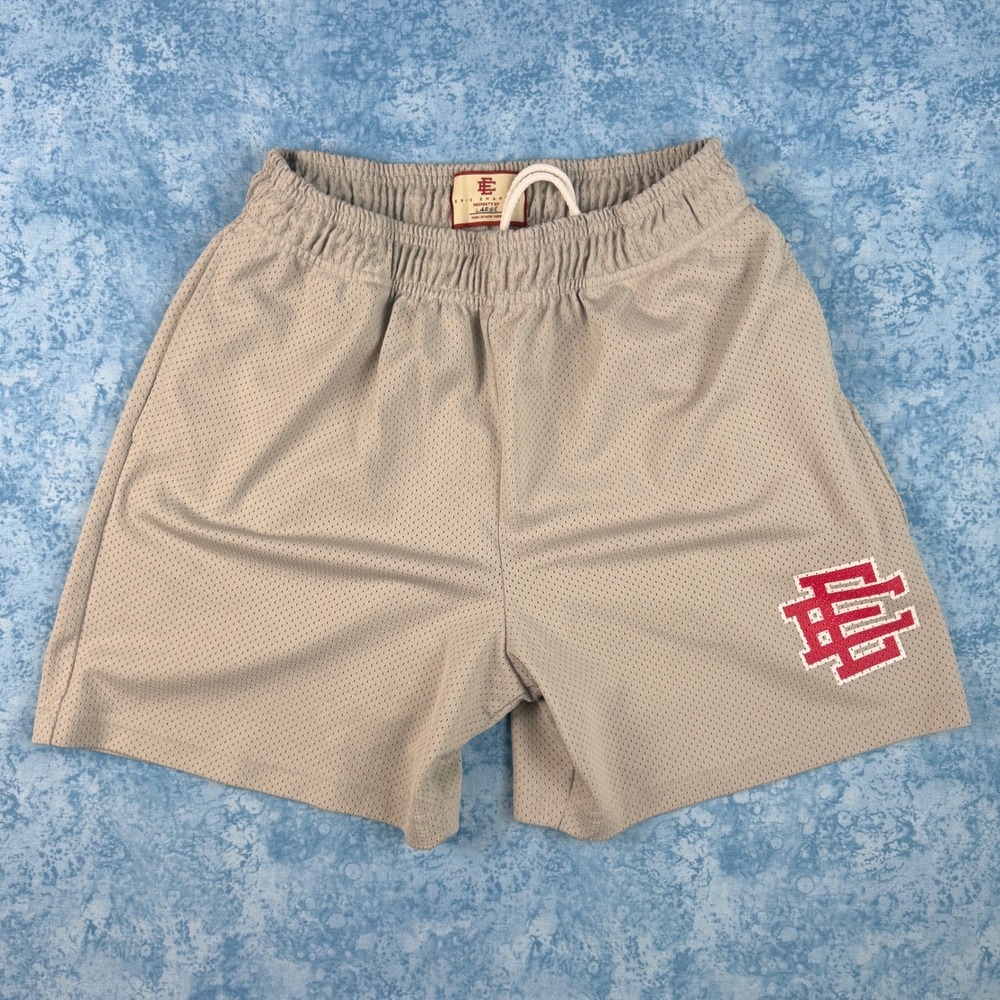 Eric Emanuel Basic Mesh Shorts Tan Red Logo Mens Size Large EE Authentic